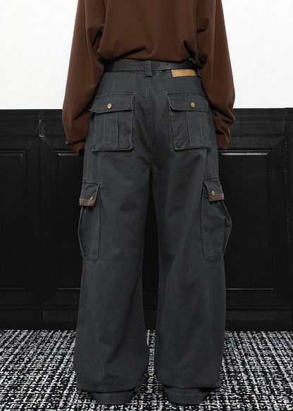 Grey Pockets High Waist Cotton Pants Spring