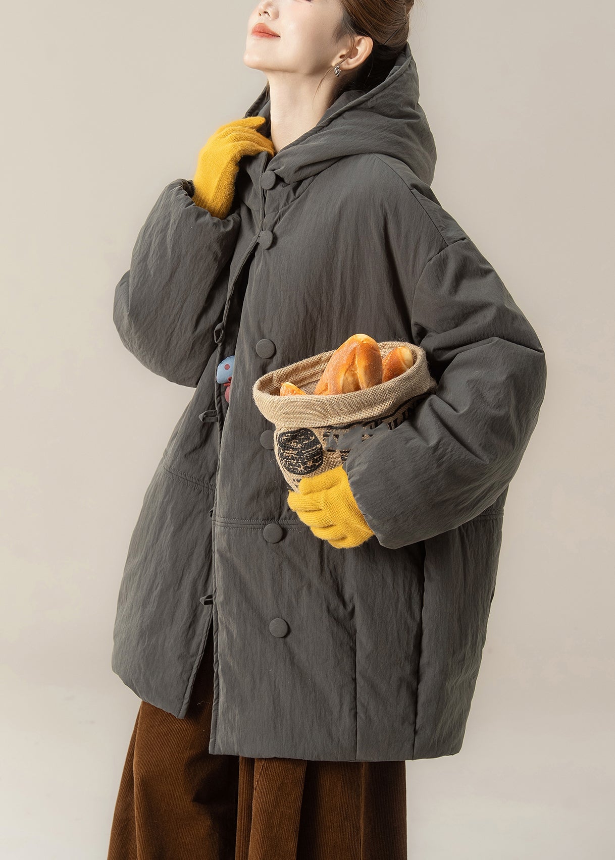 Grey Pockets Hooded Parka Lantern Sleeve