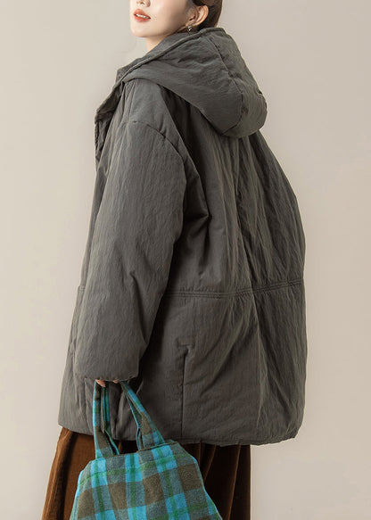 Grey Pockets Hooded Parka Lantern Sleeve