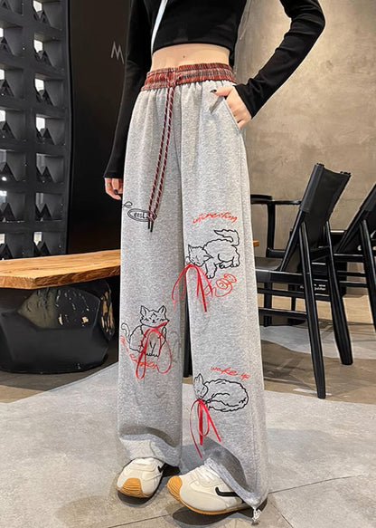 Grey Pockets Print Elastic Waist Cotton Pants Spring