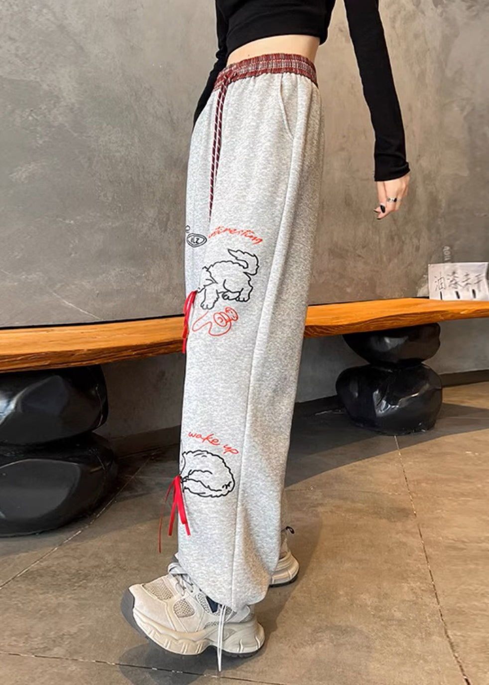Grey Pockets Print Elastic Waist Cotton Pants Spring