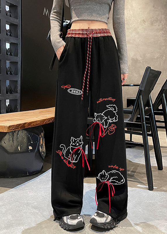 Grey Pockets Print Elastic Waist Cotton Pants Spring