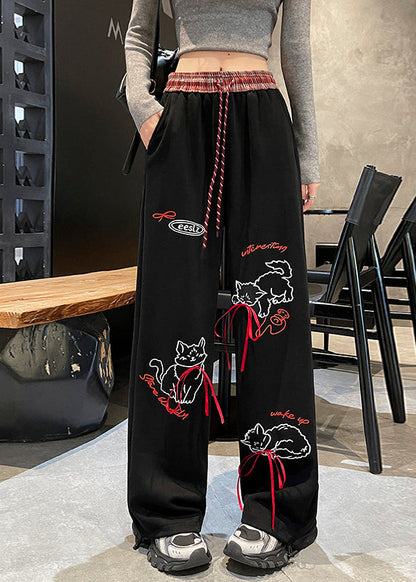 Grey Pockets Print Elastic Waist Cotton Pants Spring