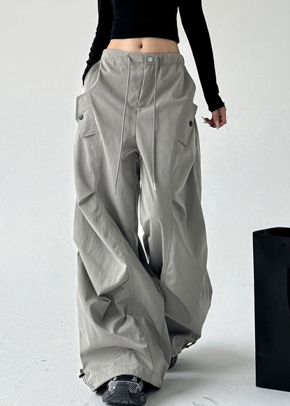 Grey Pockets Tie Waist Wide Leg Pants Spring