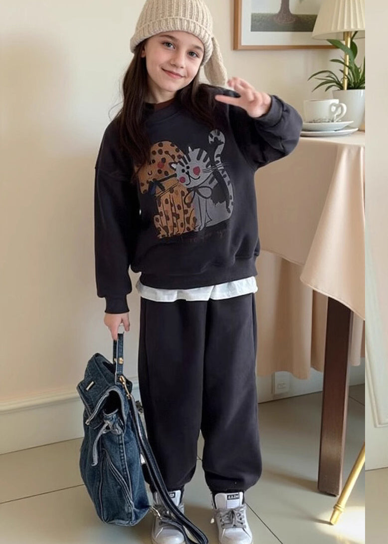Grey Print Warm Fleece Sweatshirt and Lantern Pants Two Piece Set Spring