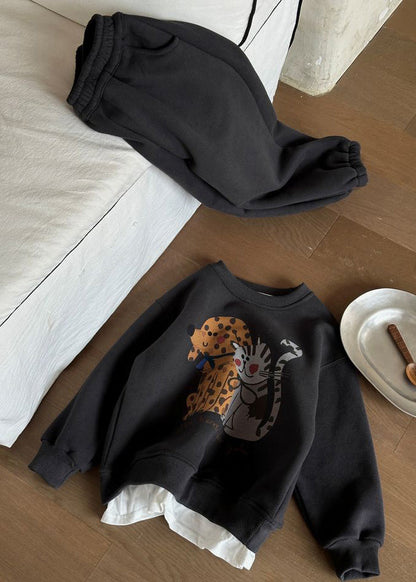 Grey Print Warm Fleece Sweatshirt and Lantern Pants Two Piece Set Spring