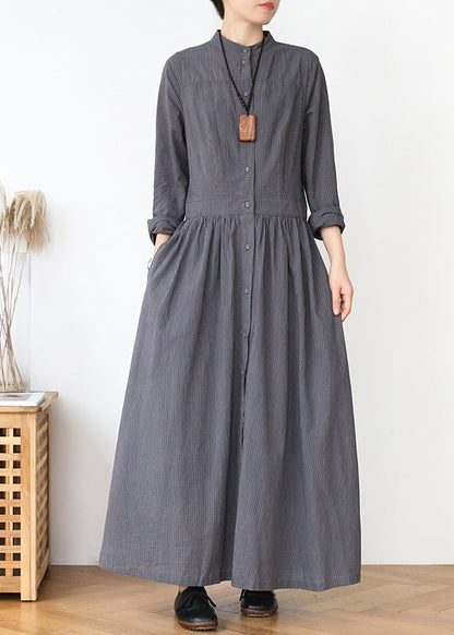 Grey Stand Collar Striped Cotton Shirts Dress Spring