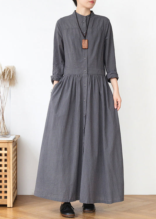 Grey Stand Collar Striped Cotton Shirts Dress Spring