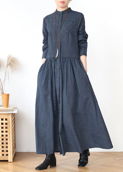 Grey Stand Collar Striped Cotton Shirts Dress Spring
