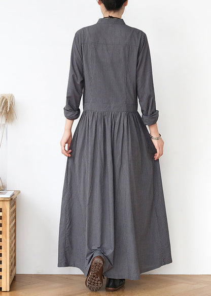 Grey Stand Collar Striped Cotton Shirts Dress Spring