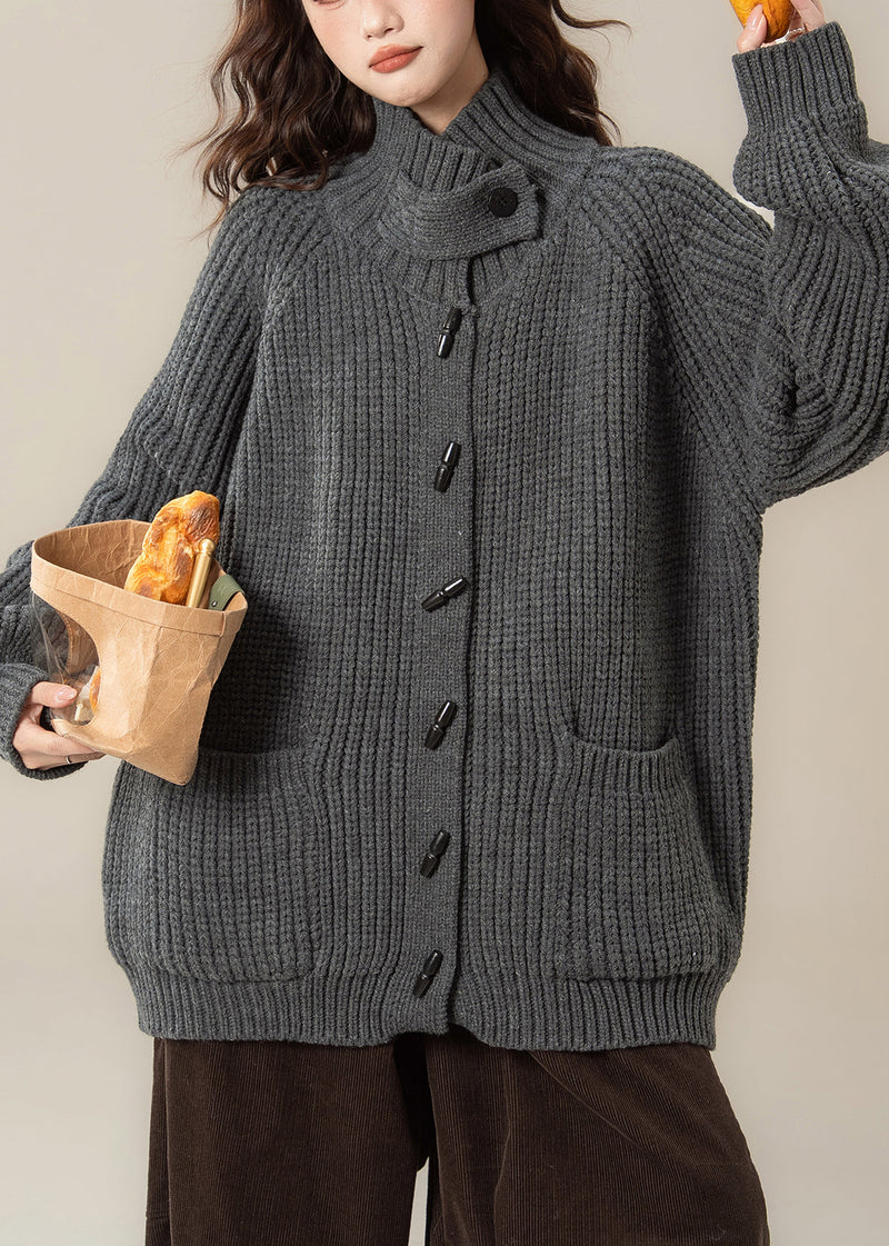 Grey Stand Collar Thick Cotton Knit Cardigans Winter