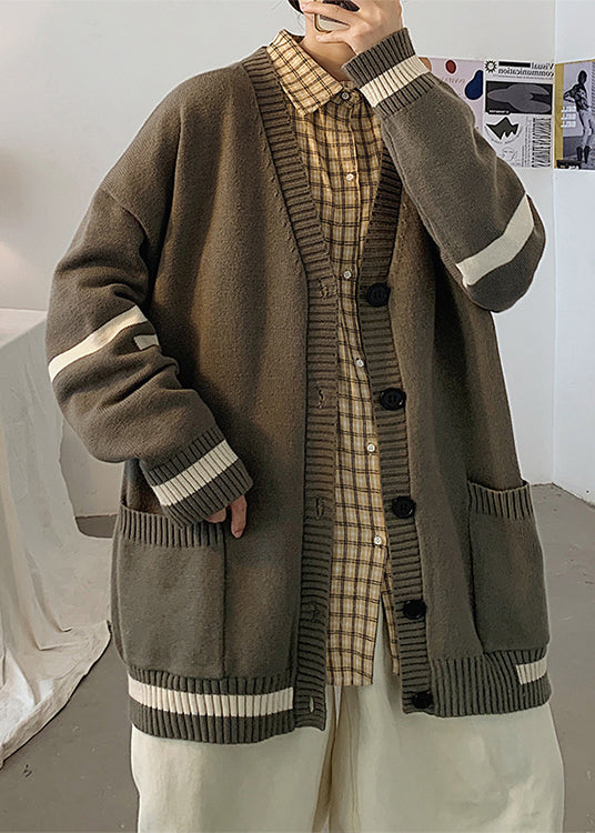 Grey Striped Pockets Knit Cardigans Spring
