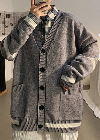 Grey Striped Pockets Knit Cardigans Spring