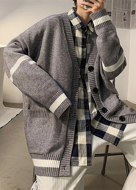 Grey Striped Pockets Knit Cardigans Spring