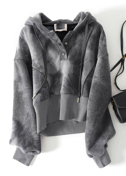 Casual Grey Tie Dye Drawstring Hooded Sweatshirts Top Spring