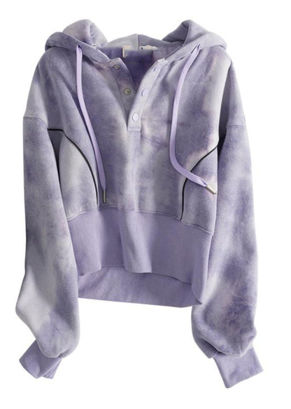 Casual Grey Tie Dye Drawstring Hooded Sweatshirts Top Spring