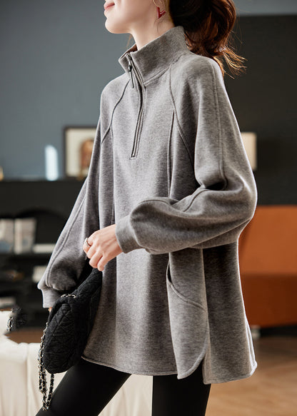 Casual Grey Turtleneck Patchwork Fleece Sweatshirt Spring