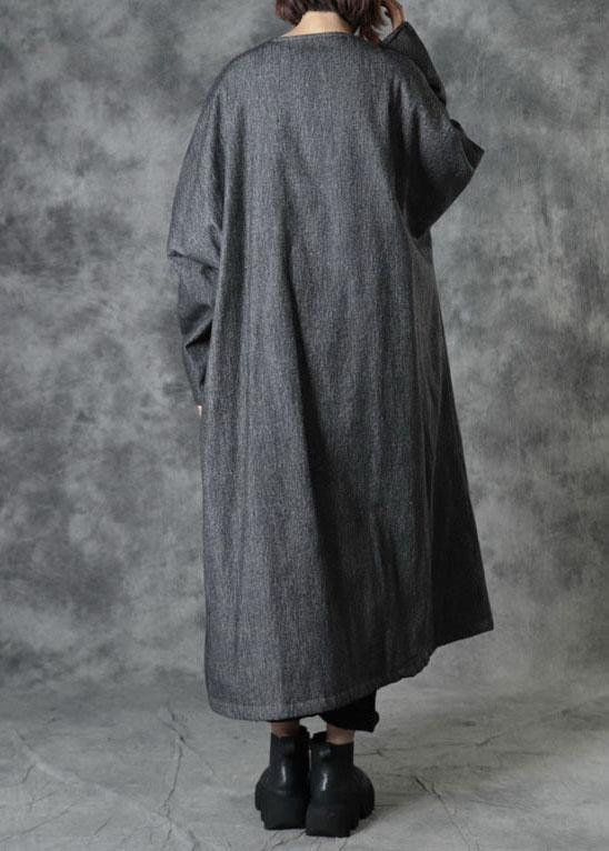 Grey V Neck Embroideried Pockets Winter Cotton Coats Long Sleeve