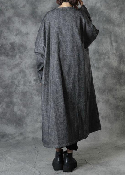 Grey V Neck Embroideried Pockets Winter Cotton Coats Long Sleeve