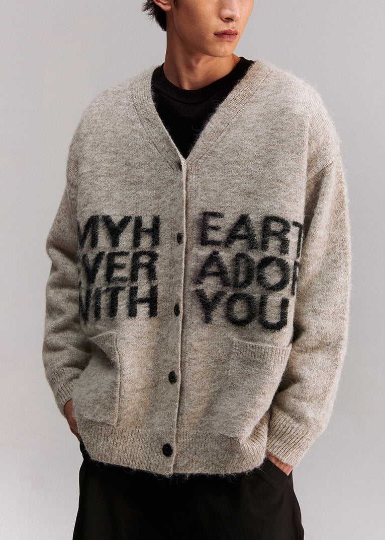 Grey V Neck Letter Pockets Knit Coat Spring