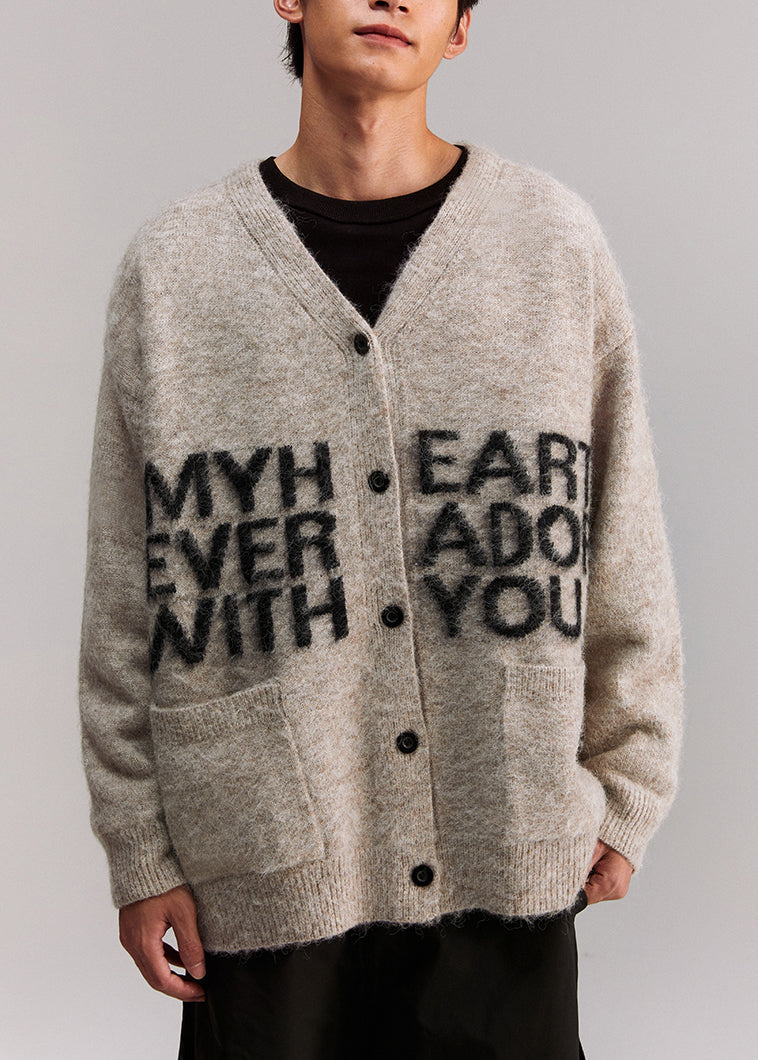 Grey V Neck Letter Pockets Knit Coat Spring
