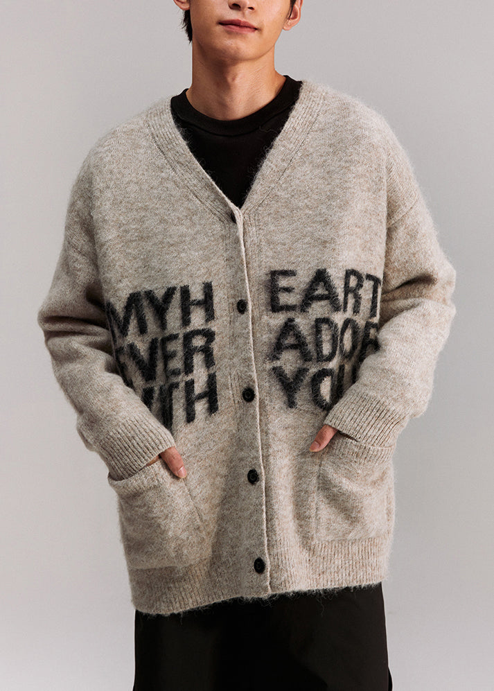 Grey V Neck Letter Pockets Knit Coat Spring
