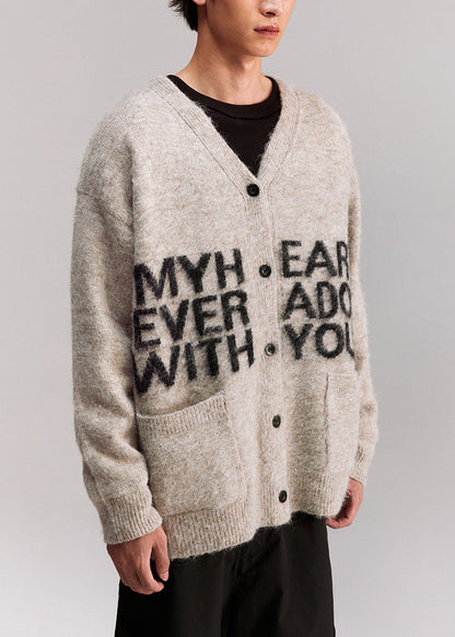 Grey V Neck Letter Pockets Knit Coat Spring