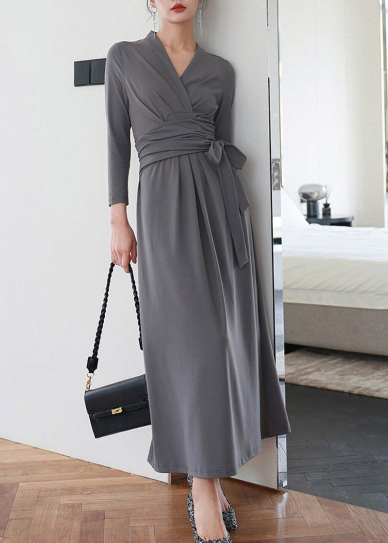 Grey V Neck Holiday Long Dress Three Quarter Sleeve
