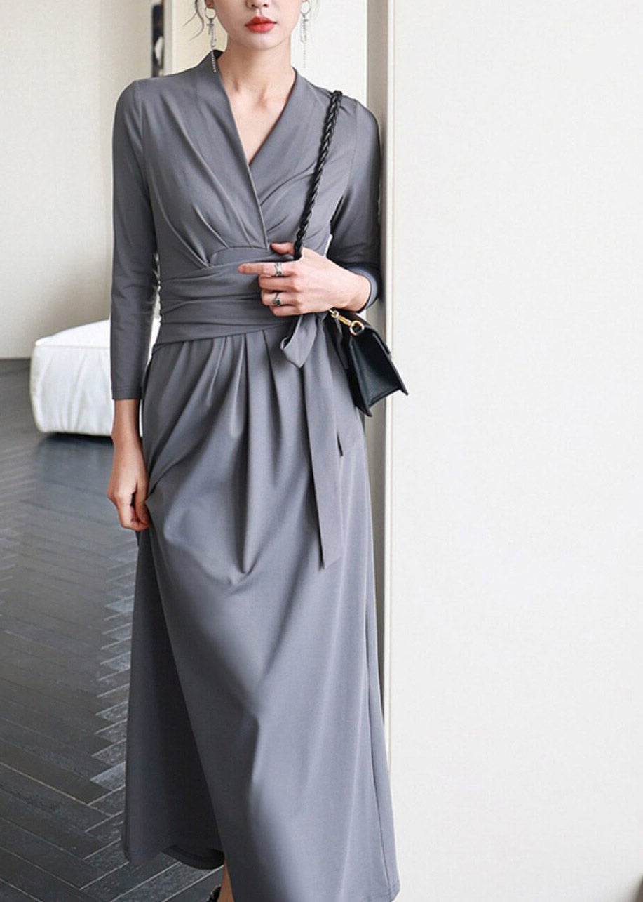Grey V Neck Holiday Long Dress Three Quarter Sleeve