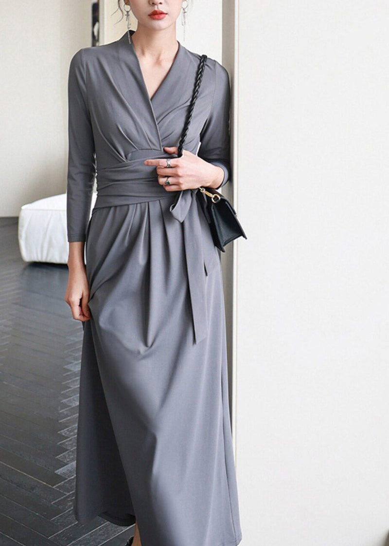 Grey V Neck Holiday Long Dress Three Quarter Sleeve