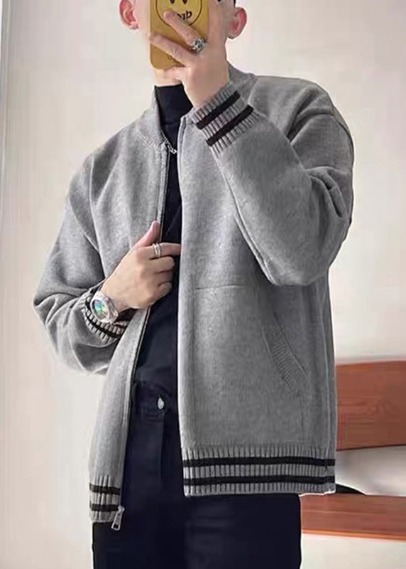 Grey Zip Up Striped Pockets Knit Coat Spring