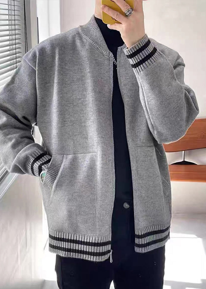 Grey Zip Up Striped Pockets Knit Coat Spring
