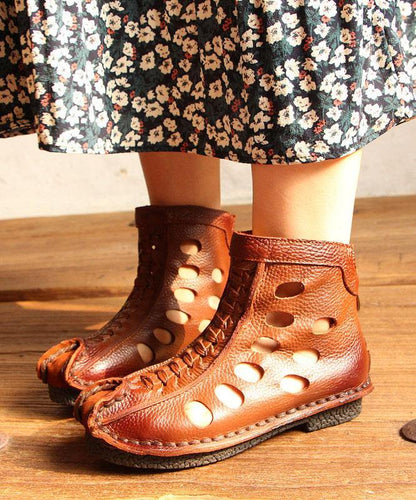 Hollow Out Boots Brown Cowhide Leather