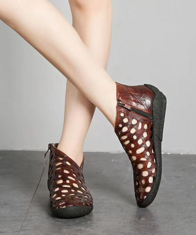 Hollow Out Splicing Wedge Boots Brown Cowhide Leather