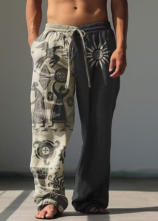 Khaki Asymmetrical Print Cotton Pants Summer