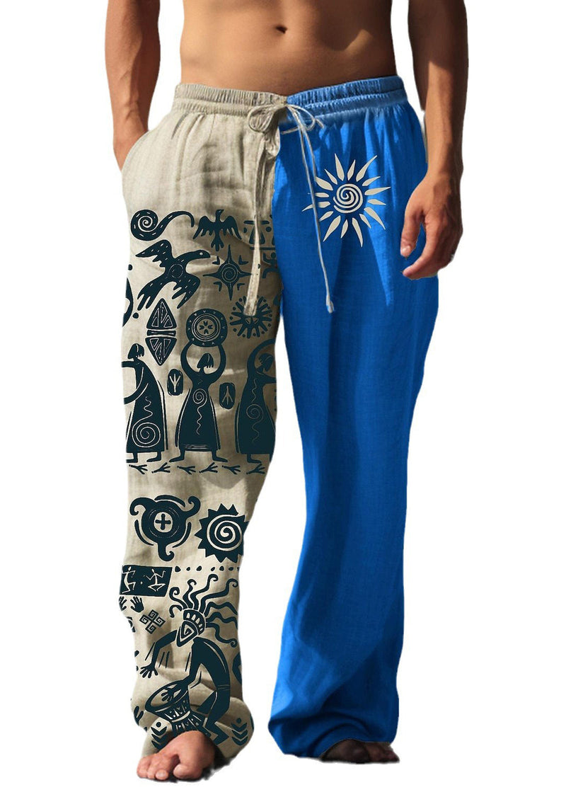 Khaki Asymmetrical Print Cotton Pants Summer