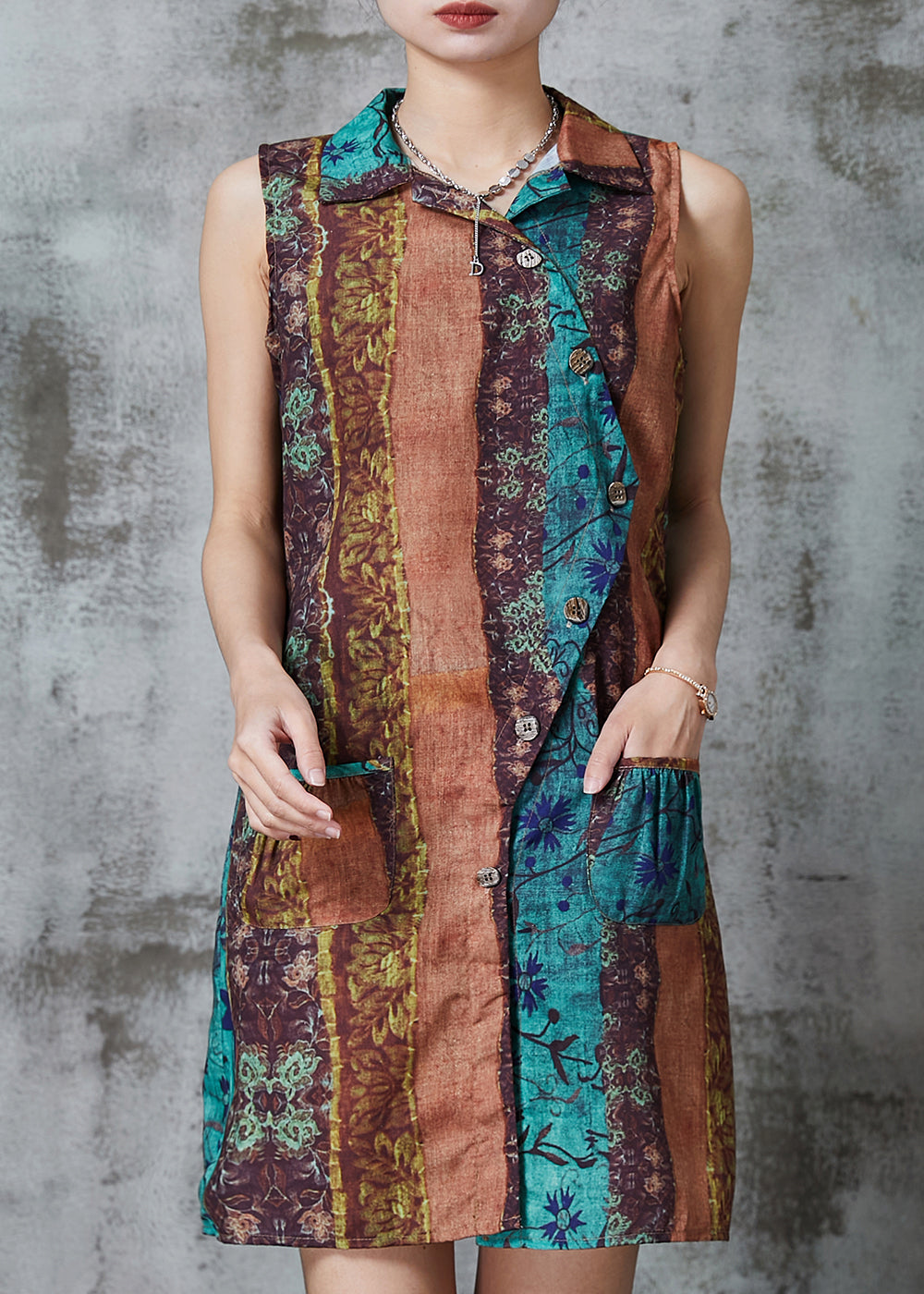 Khaki Asymmetrical Print Linen Mini Dresses Sleeveless