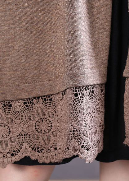 Khaki Button Hollow Out Patchwork Knit Cardigan Spring