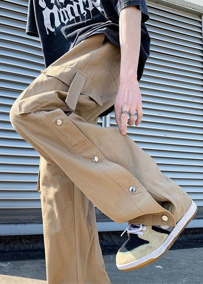 Khaki Button Pockets Cotton Pants Summer
