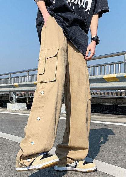 Khaki Button Pockets Cotton Pants Summer