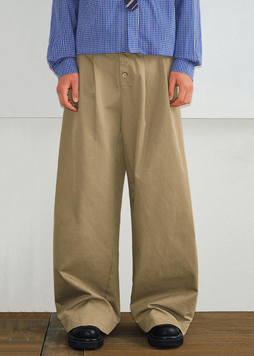 Khaki Button Pockets High Waist Cotton Pants Spring