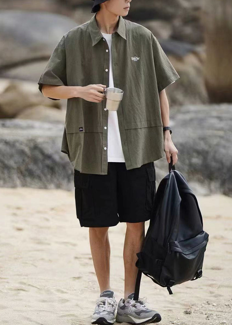 Khaki Button Shirts and Coffee Shorts Cotton Two Pieces Set Summer