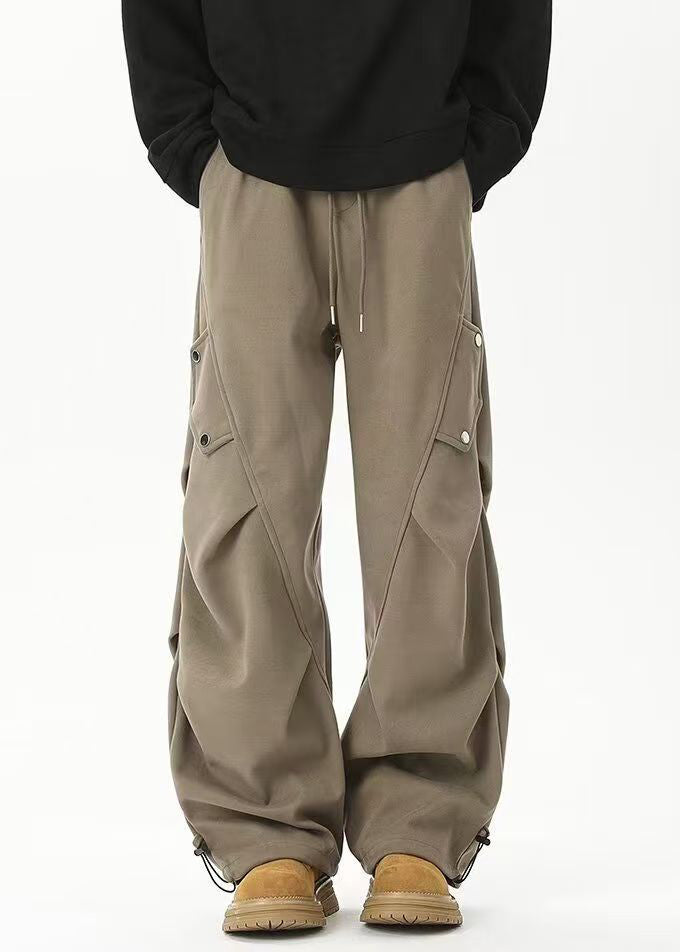 Khaki Cinched Elastic Waist Cotton Beam Pants Spring