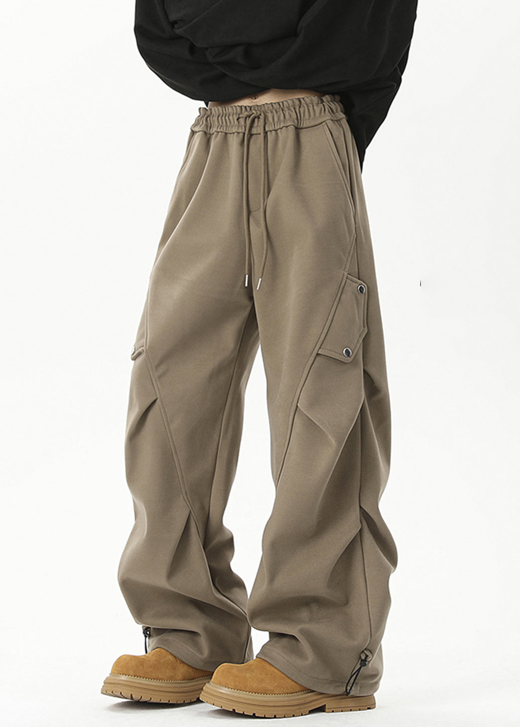 Khaki Cinched Elastic Waist Cotton Beam Pants Spring