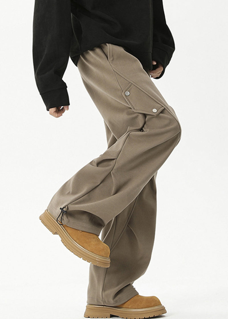 Khaki Cinched Elastic Waist Cotton Beam Pants Spring
