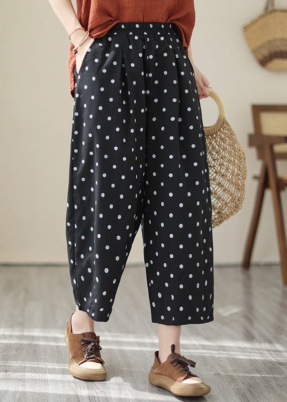 Khaki Dot Pockets Elastic Waist Cotton Crop Pants Fall