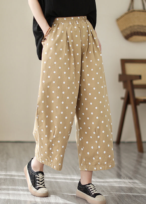 Khaki Dot Pockets Elastic Waist Cotton Crop Pants Fall