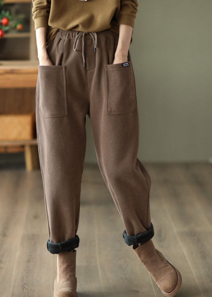 Khaki Elastic Waist Drawstring Pockets Warm Fleece Pants Winter