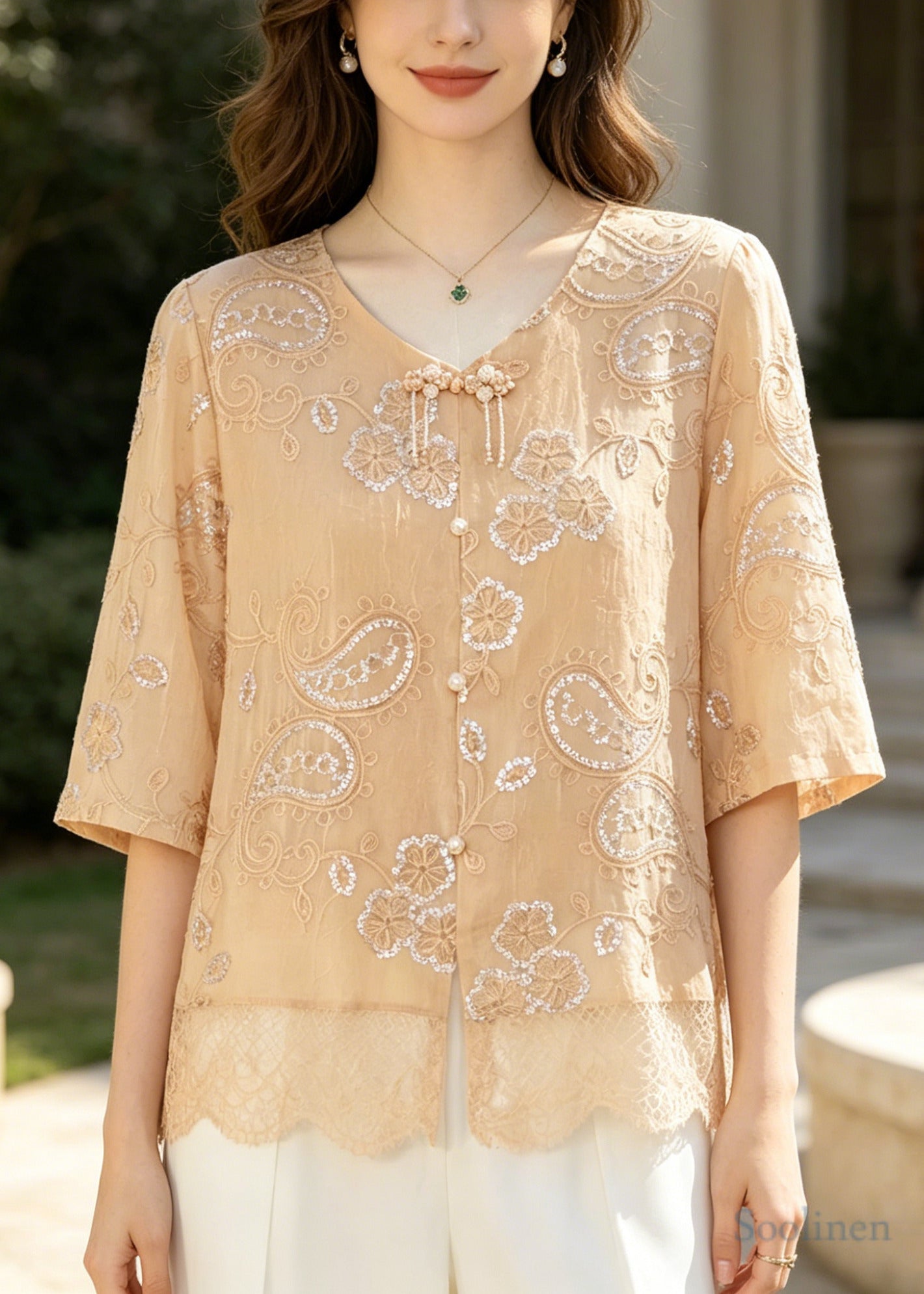 Khaki Embroidered Patchwork Lace Tops Summer