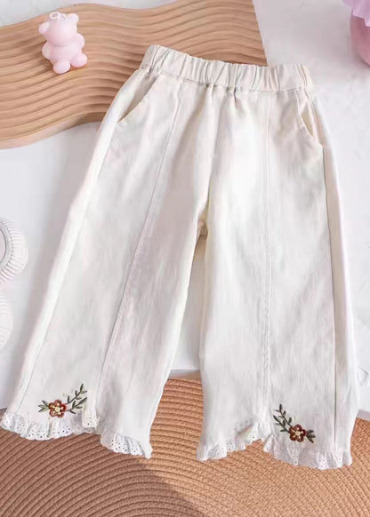 Khaki Embroideried Elastic Waist Kids Pants